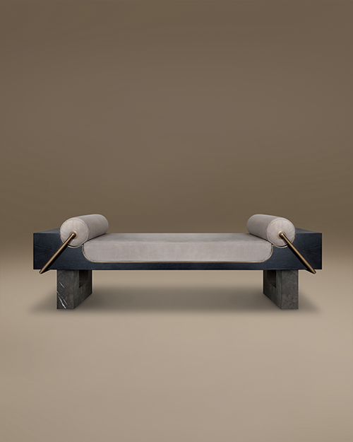 Kansas Bench by Porus Studio, featuring a dark wood structure, grey leather upholstery, and marble base with brass accents.