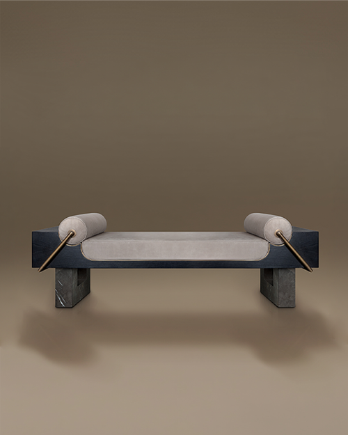 Kansas Bench by Porus Studio, featuring a dark wood structure, grey leather upholstery, and marble base with brass accents.