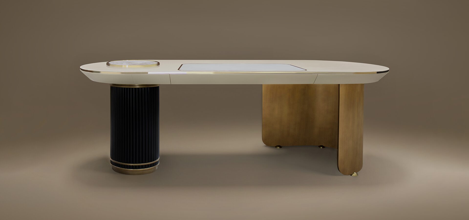 The Arizona Desk by Porus Studio, featuring an asymmetrical design with a cream lacquered wood top, one fluted black leg, and one curved brass leg against a neutral background.