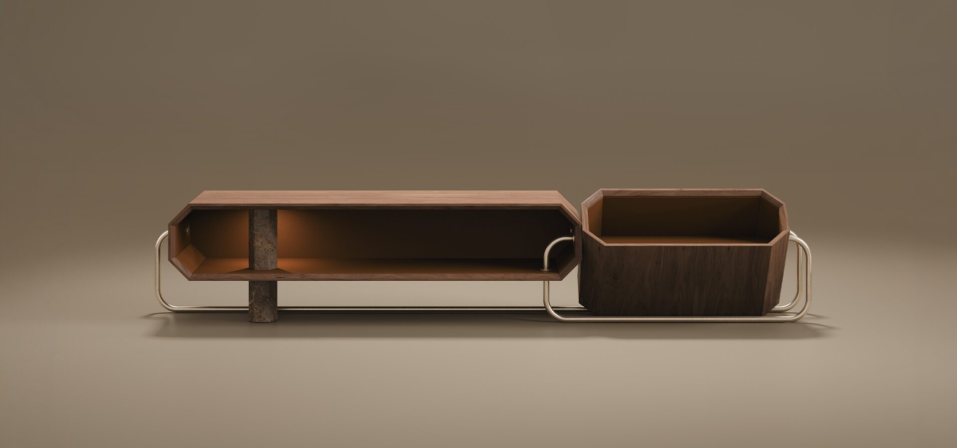 Front view of the Orleans TV Unit by Porus Studio, featuring an asymmetrical walnut wood design with a geometric open shelf and curved gold metal accents.