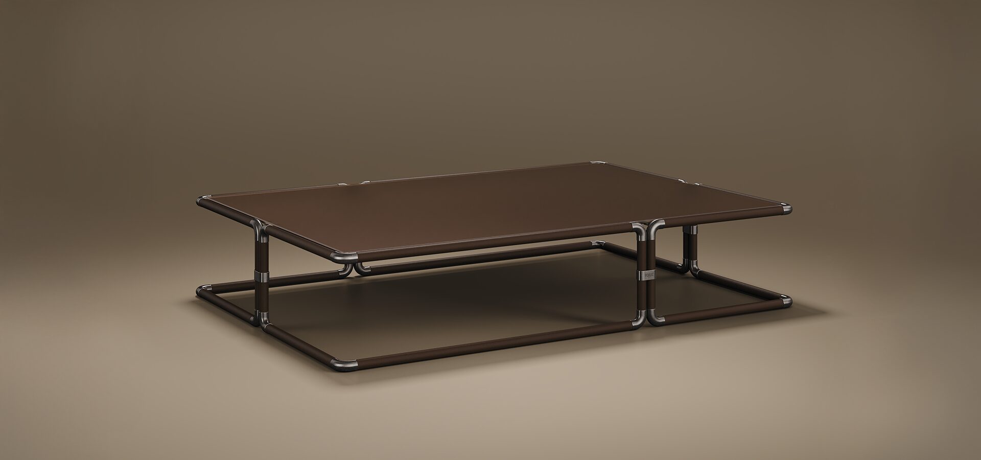 This is the Dickson Center Table, a high-end furniture piece designed by Porus Studio, a Portuguese luxury design brand. The table is defined by its industrial-chic aesthetic, blending architectural structure with premium materials.
