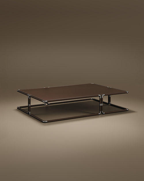 This is the Dickson Center Table, a high-end furniture piece designed by Porus Studio, a Portuguese luxury design brand. The table is defined by its industrial-chic aesthetic, blending architectural structure with premium materials.