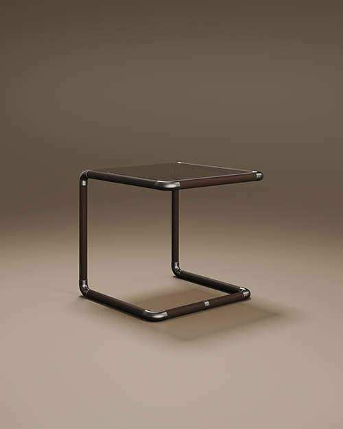 A luxury Dickson Side Table by Porus Studio featuring a minimalist, C-shaped tubular frame. The square tabletop is made of bronze glass, set into a frame wrapped in dark brown leather. The rounded corner joints are finished in aged brushed brass. This industrial-chic piece is shown from a side angle against a warm, neutral studio background.