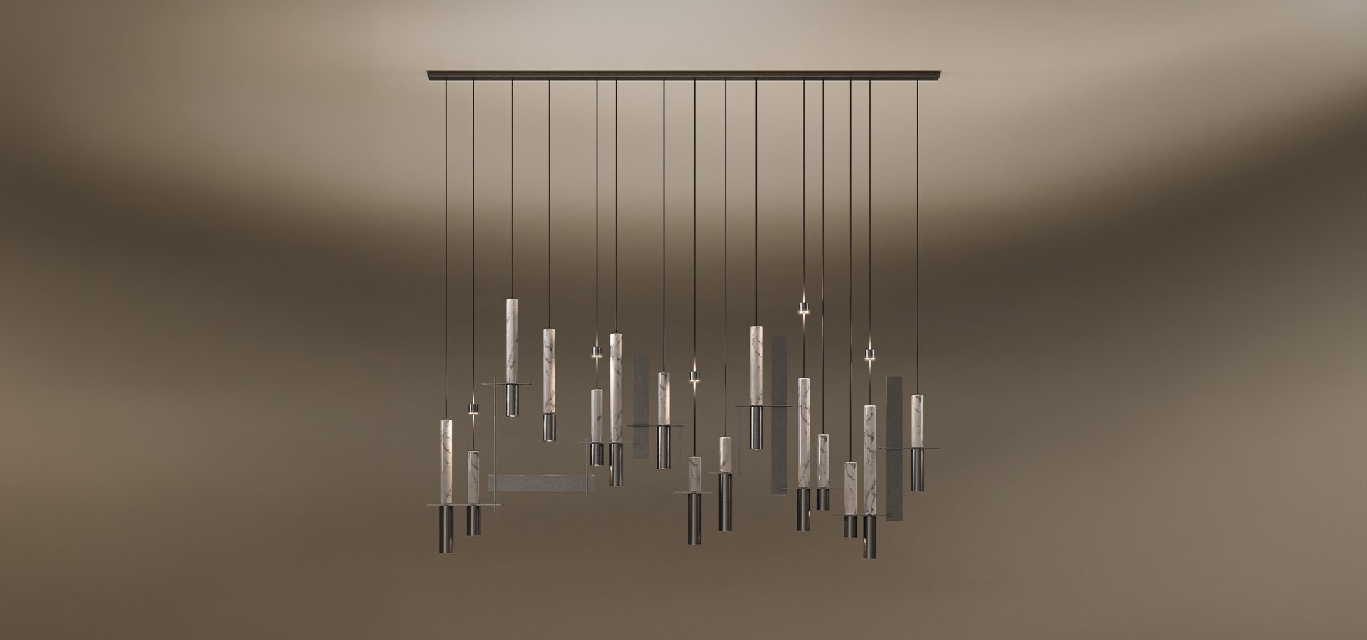A Portland suspension lamp, featuring an architectural cluster of long, vertical teak wood cylinders with glowing LED light bases. The cylindrical elements, resembling chimes, are suspended from a clean, dark metal horizontal bar by thin black cables, creating a dynamic, rhythmic installation against a warm, neutral backdrop.