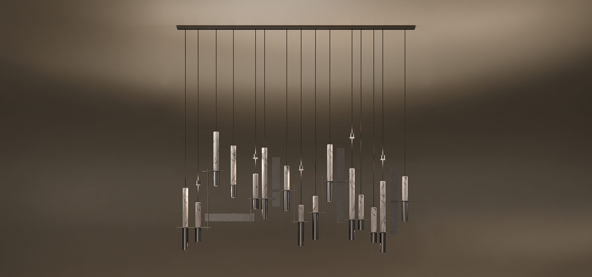 A Portland suspension lamp, featuring an architectural cluster of long, vertical teak wood cylinders with glowing LED light bases. The cylindrical elements, resembling chimes, are suspended from a clean, dark metal horizontal bar by thin black cables, creating a dynamic, rhythmic installation against a warm, neutral backdrop.