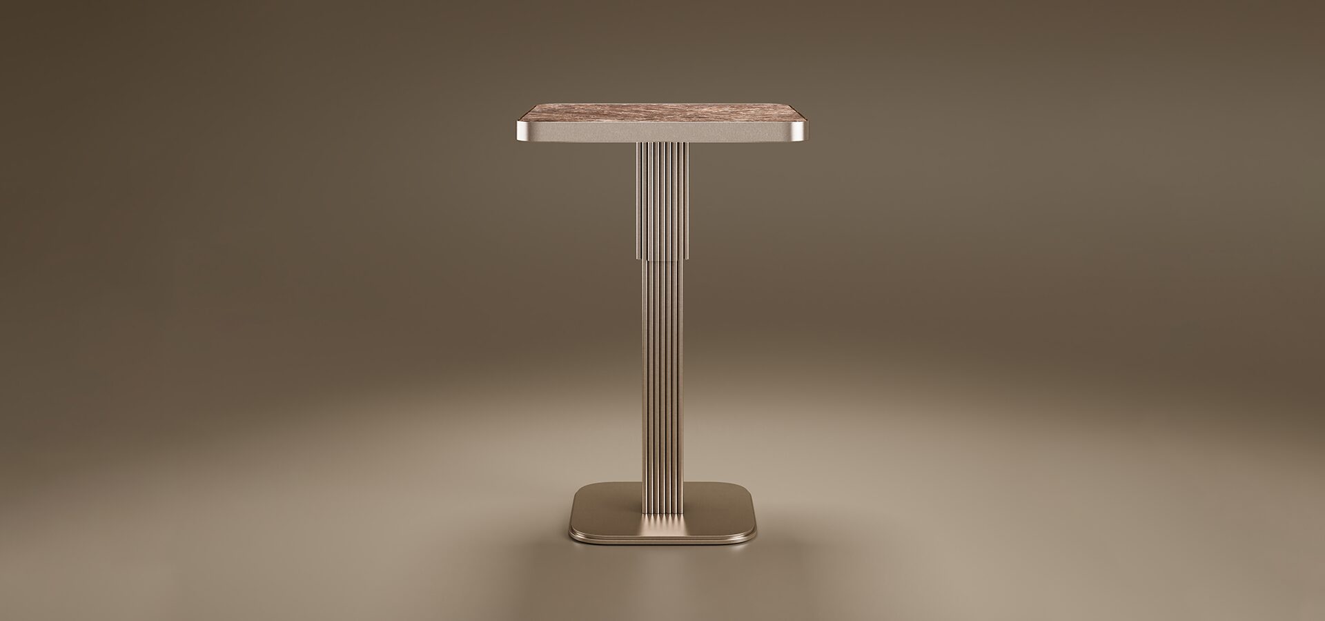 Staten Bar Table by Porus Studio Staten Bar Table by Porus Studio featuring a square marble top and a distinctive fluted central pedestal made of stainless steel set against a neutral brown studio background.