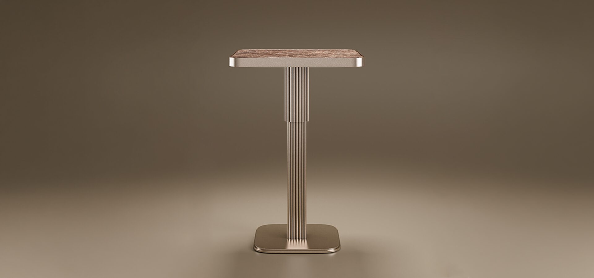 Staten Bar Table by Porus Studio featuring a square marble top and a distinctive fluted central pedestal made of stainless steel set against a neutral brown studio background.