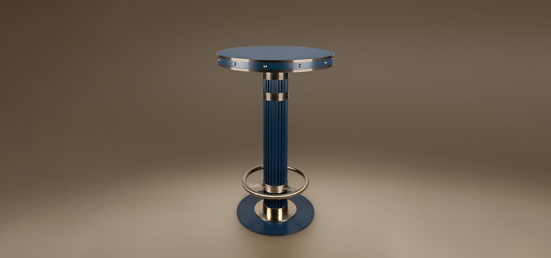 Contemporary Willis Bar Table in blue lacquered metal and glass with champagne stainless steel details. The design features a round tabletop with rivet-like accents and a fluted central column.