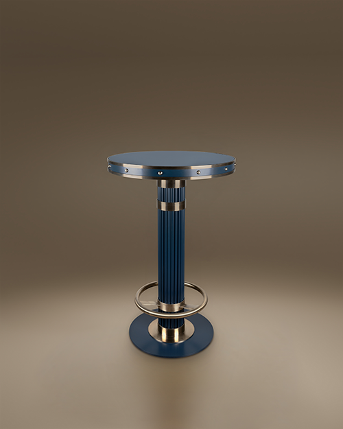 Contemporary Willis Bar Table in blue lacquered metal and glass with champagne stainless steel details. The design features a round tabletop with rivet-like accents and a fluted central column.