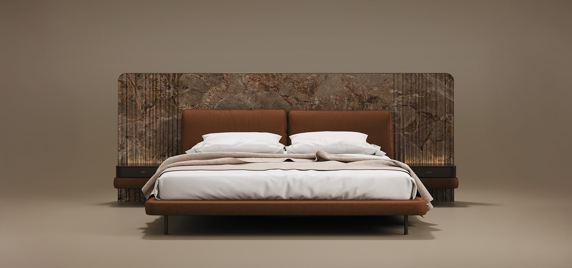 The Colorado Bed features a wide, dramatic headboard made of richly veined brown marble with vertical fluted detailing on the sides. The bed frame and integrated padded headboard cushions are upholstered in a warm, cognac-colored leather. It includes built-in dark wood nightstands with soft ambient backlighting, all supported by slender black metal legs. Set against a seamless, neutral taupe background.