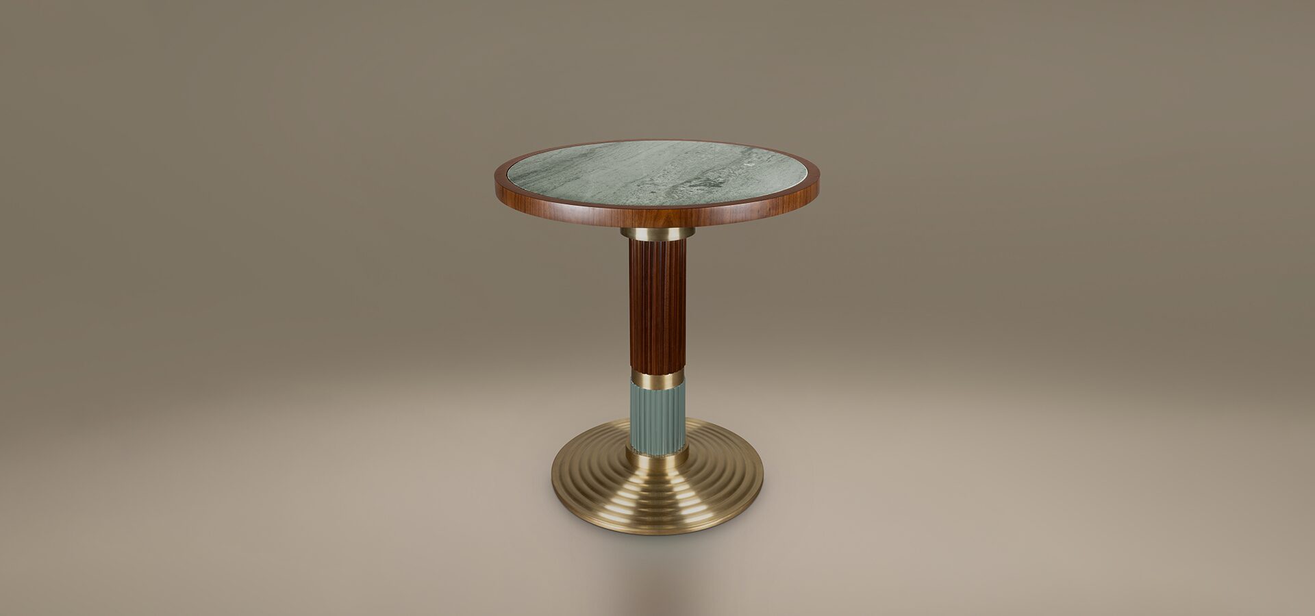 Porus Studio Queens Dining Table in Green Viana marble and wood. Modern luxury restaurant furniture featuring a round marble top and a decorative fluted pedestal base.