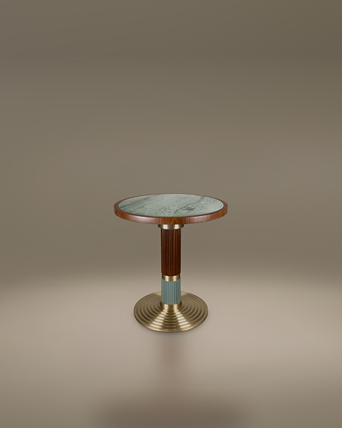 Porus Studio Queens Dining Table in Green Viana marble and wood. Modern luxury restaurant furniture featuring a round marble top and a decorative fluted pedestal base.