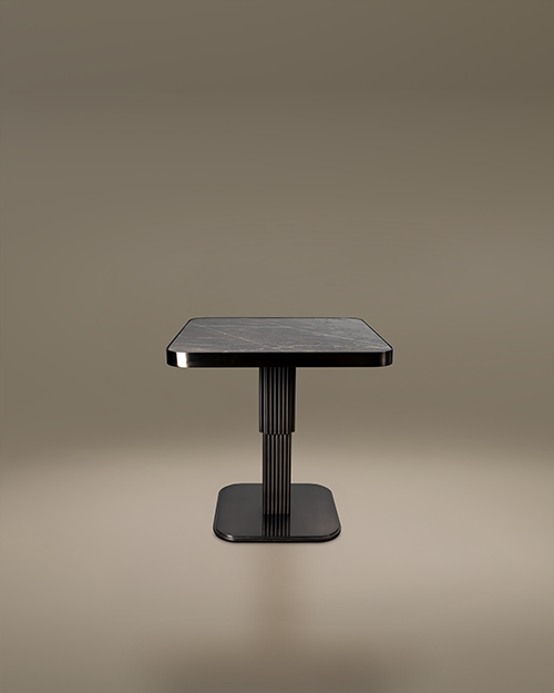 Staten Dining Table by Porus Studio a luxury square table with a grey marble top and a ribbed stainless steel pedestal base