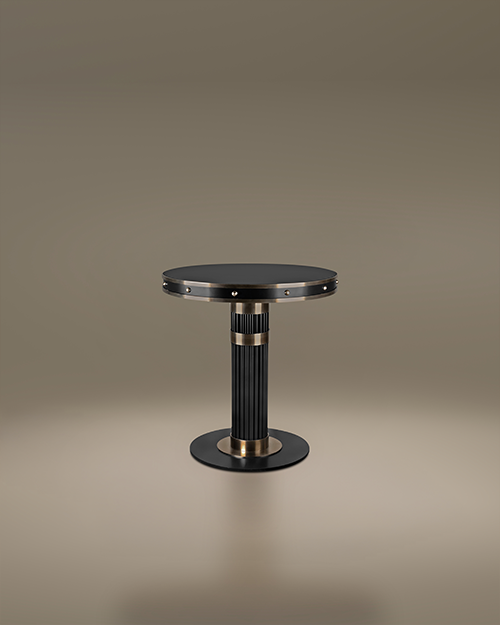 Willis Dining Table by Porus Studio. A sophisticated black and champagne gold pedestal table with a lacquered metal structure and glass top, designed with architectural influences from Chicago’s Willis Tower.