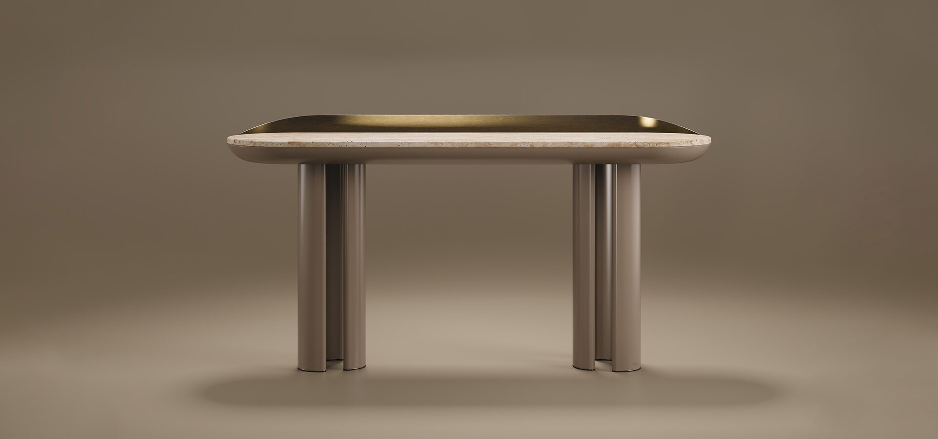 Beverly Console A luxury Beverly Console by Porus Studio featuring a rounded stone top. The back of the surface is accented by a curved, elevated rail in brushed brass. The console is supported by two thick, fluted pedestal legs finished in lacquer, matching the sculpted underside of the tabletop. The design is elegant and mid-century modern inspired, presented against a neutral taupe studio background.