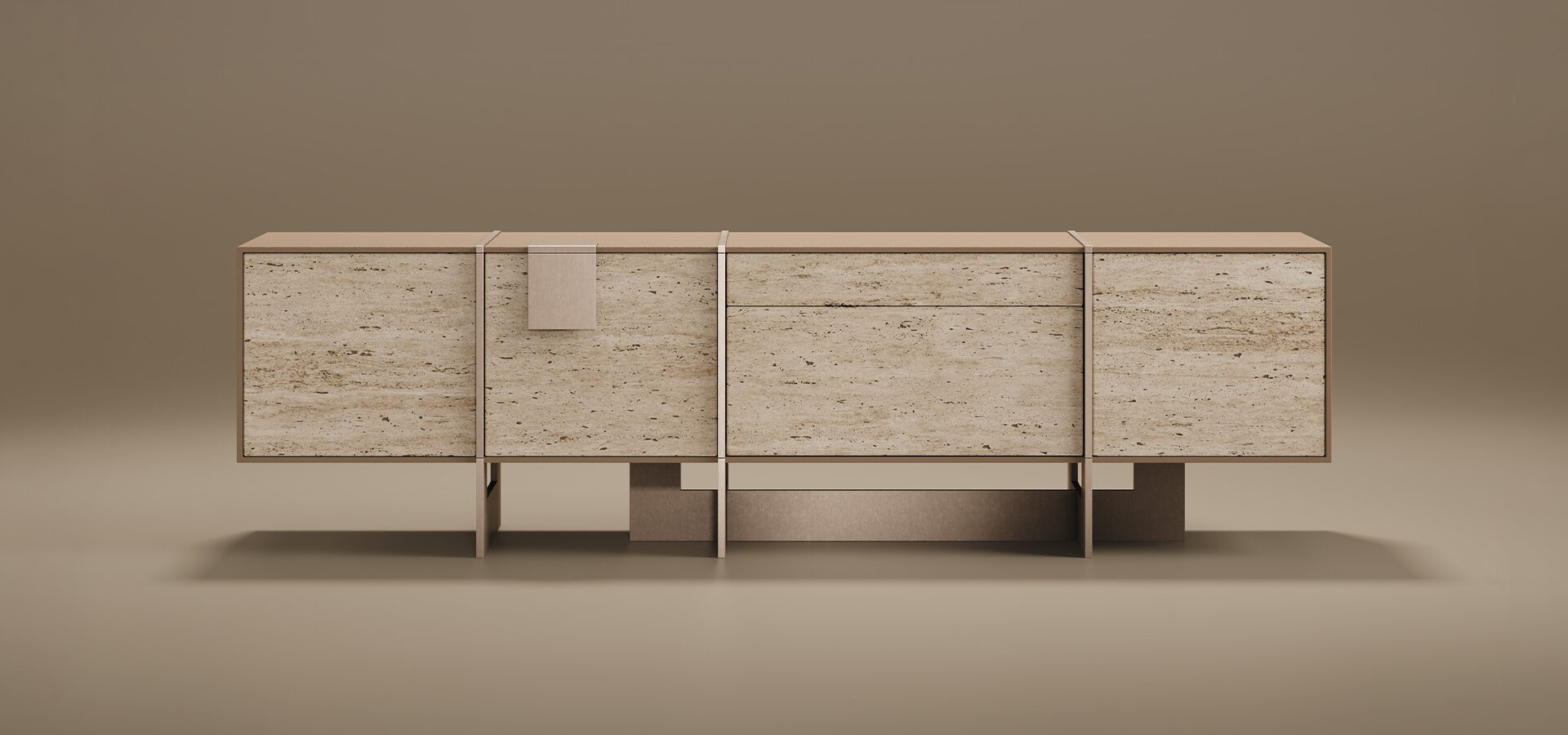 Front view of the Coloma TV Unit by Porus Studio, featuring a textured beige travertine body with elegant bronze metal accents and a geometric base.