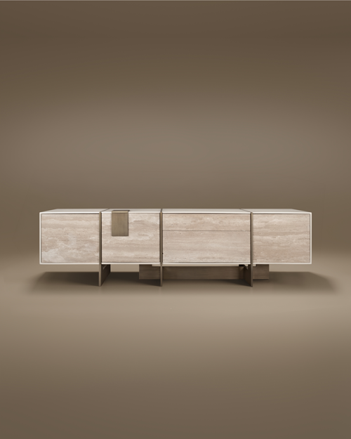 Front view of the Coloma TV Unit by Porus Studio, featuring a textured beige travertine body with elegant bronze metal accents and a geometric base.