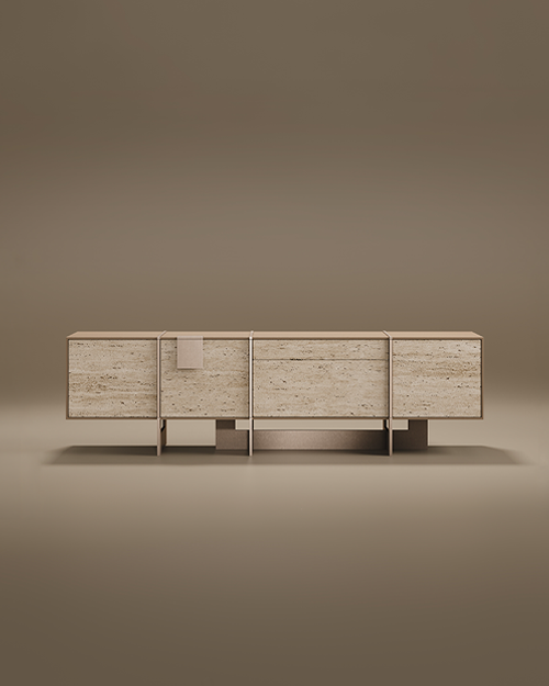 Front view of the Coloma TV Unit by Porus Studio, featuring a textured beige travertine body with elegant bronze metal accents and a geometric base.