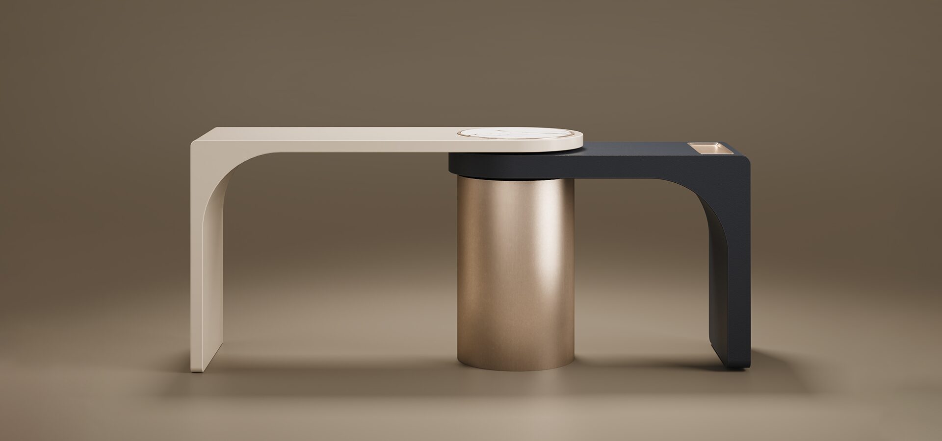 A luxury Florida Console by Porus Studio, featuring an asymmetrical, architectural design. The piece consists of two interlocking L-shaped surfaces—one in beige matte lacquer and the other in dark navy matte lacquer—balanced atop a large, central cylindrical base in brushed brass. A circular white marble inlay is visible at the junction of the two wings. The minimalist and sculptural console is centered against a warm taupe studio background.