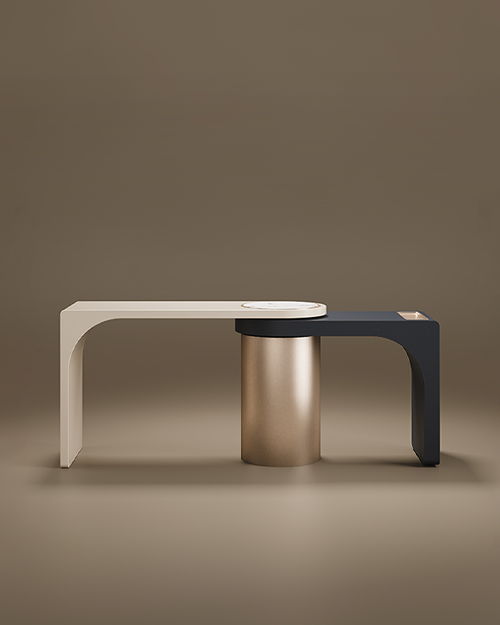 A luxury Florida Console by Porus Studio, featuring an asymmetrical, architectural design. The piece consists of two interlocking L-shaped surfaces—one in beige matte lacquer and the other in dark navy matte lacquer—balanced atop a large, central cylindrical base in brushed brass. A circular white marble inlay is visible at the junction of the two wings. The minimalist and sculptural console is centered against a warm taupe studio background.