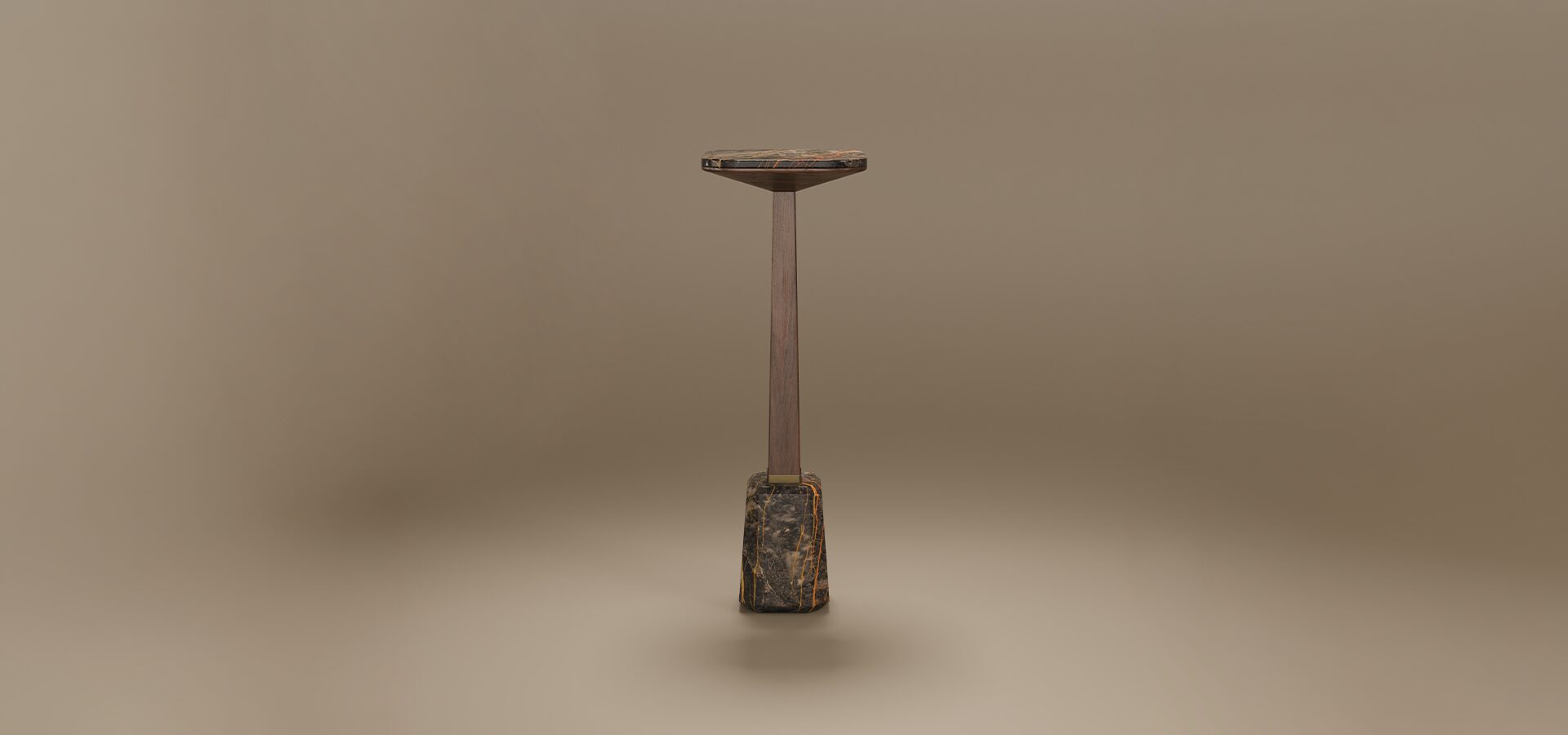 Modern Oakland Bar Table by Porus Studio, featuring a black and gold marble top and base connected by structure of walnut wood .