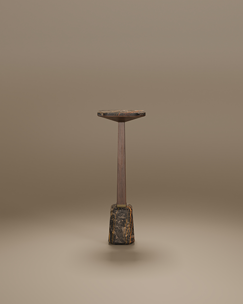 Modern Oakland Bar Table by Porus Studio, featuring a black and gold marble top and base connected by structure of walnut wood .