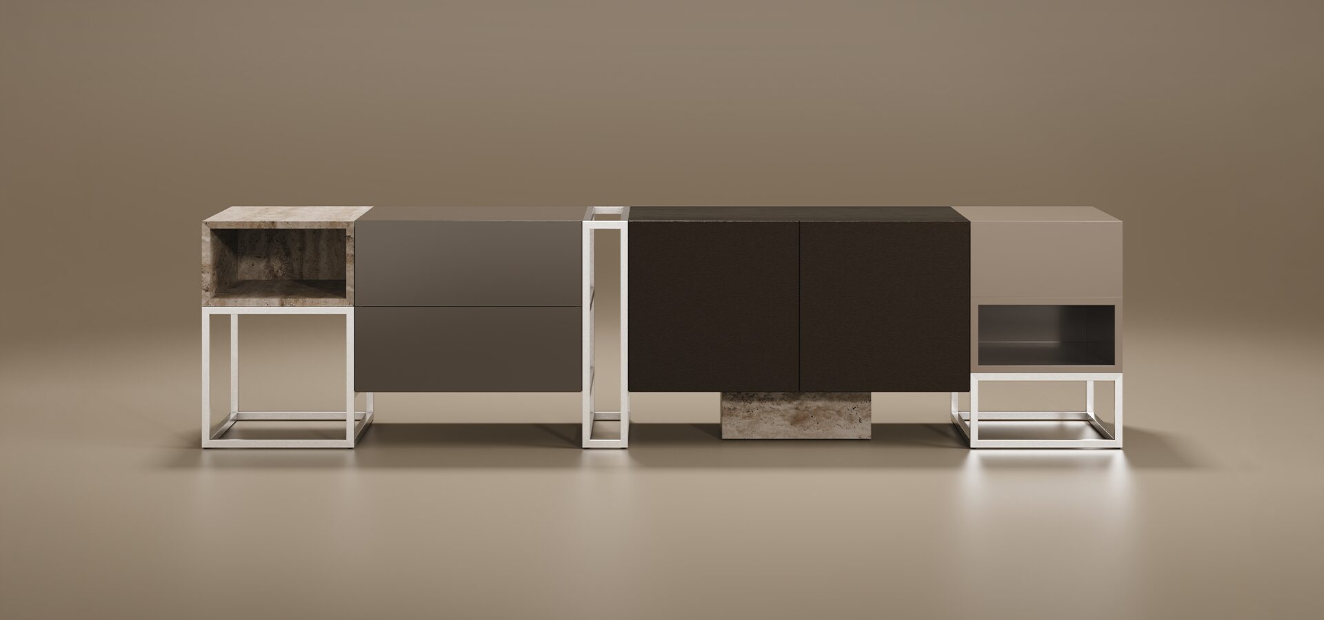 Front view of the Detroit TV Unit by Porus Studio, showcasing a modular deconstructed design with a mix of grey lacquer, dark wood, and marble elements supported by silver metal frames.