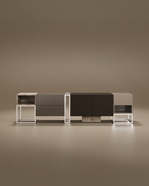 Front view of the Detroit TV Unit by Porus Studio, showcasing a modular deconstructed design with a mix of grey lacquer, dark wood, and marble elements supported by silver metal frames.