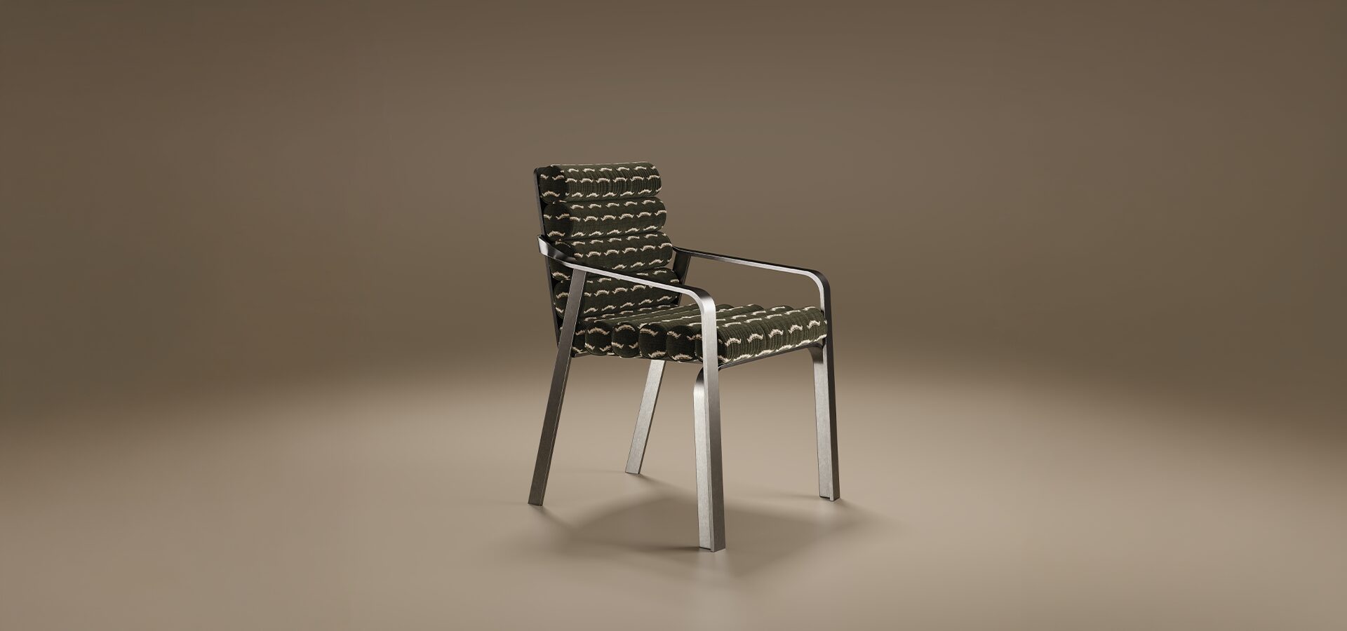 The Ohio Dining Chair featuring a sleek industrial steel frame with integrated armrests and a unique ribbed upholstery in dark patterned fabric.