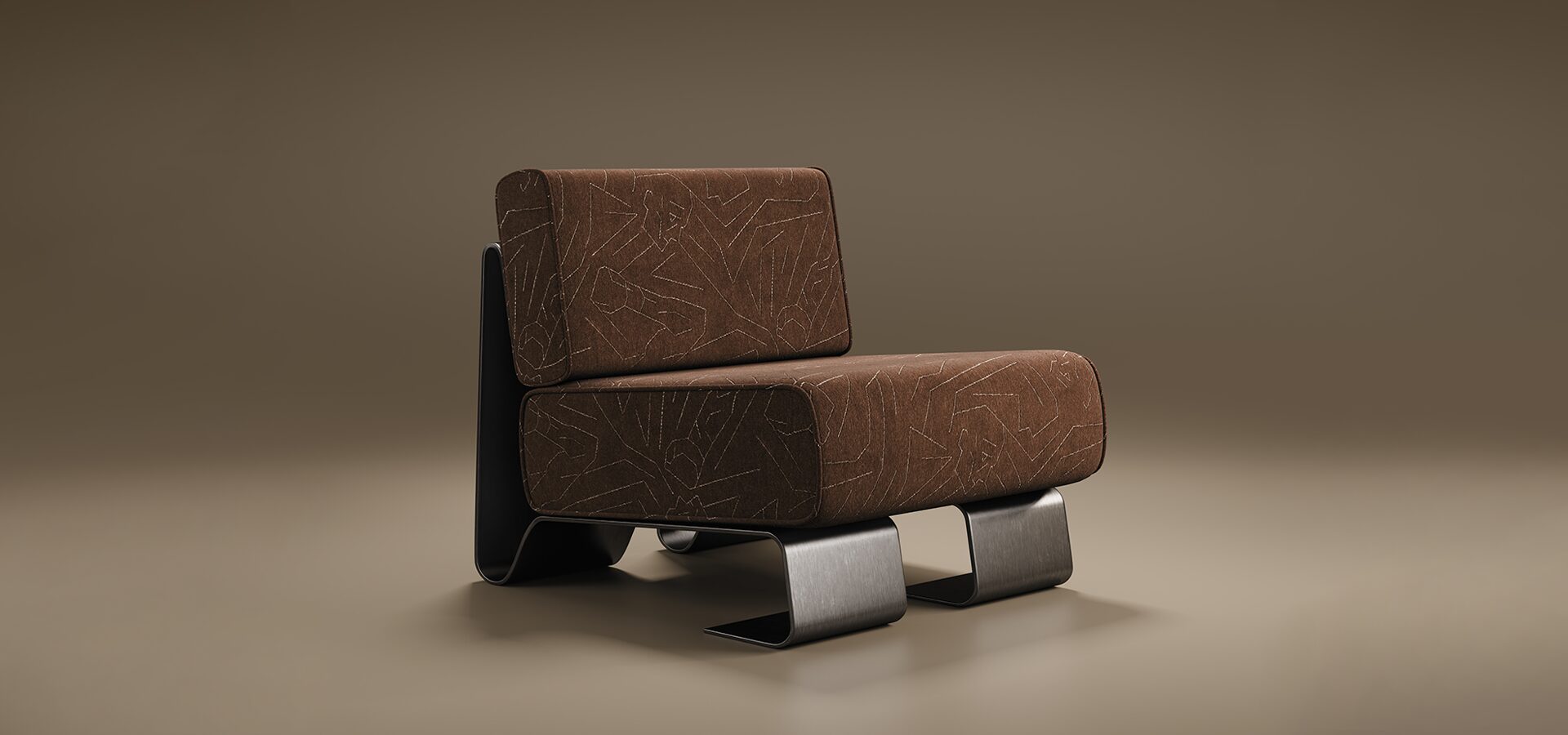 A sophisticated studio photograph of the Rushmore Armchair by Porus Studio, set against a seamless, warm earthy-toned background. The armchair features a striking modernist silhouette with a focus on sculptural metalwork. It is upholstered in a textured brown fabric adorned with an intricate, light-colored geometric pattern. The chair's structure consists of two thick, rectangular cushions for the seat and backrest, supported by a unique blackened brushed stainless steel frame. The metal base curves elegantly, forming wide, flat "C" shaped legs at the front and a continuous sleek panel that wraps around the back, creating a bold architectural statement.