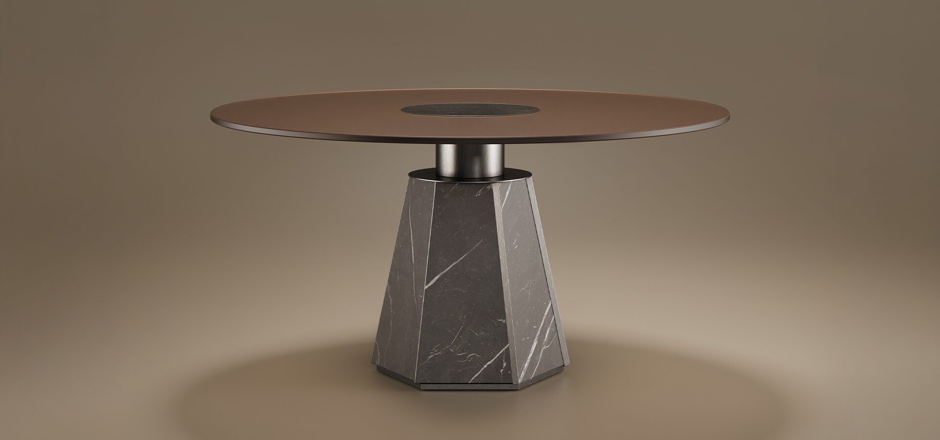 Contemporary Texas Dining Table by Porus Studio featuring a round glass and stainless steel tabletop supported by a sculptural, hexagonal dark marble base.