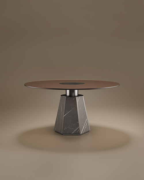 Contemporary Texas Dining Table by Porus Studio featuring a round glass and stainless steel tabletop supported by a sculptural, hexagonal dark marble base.
