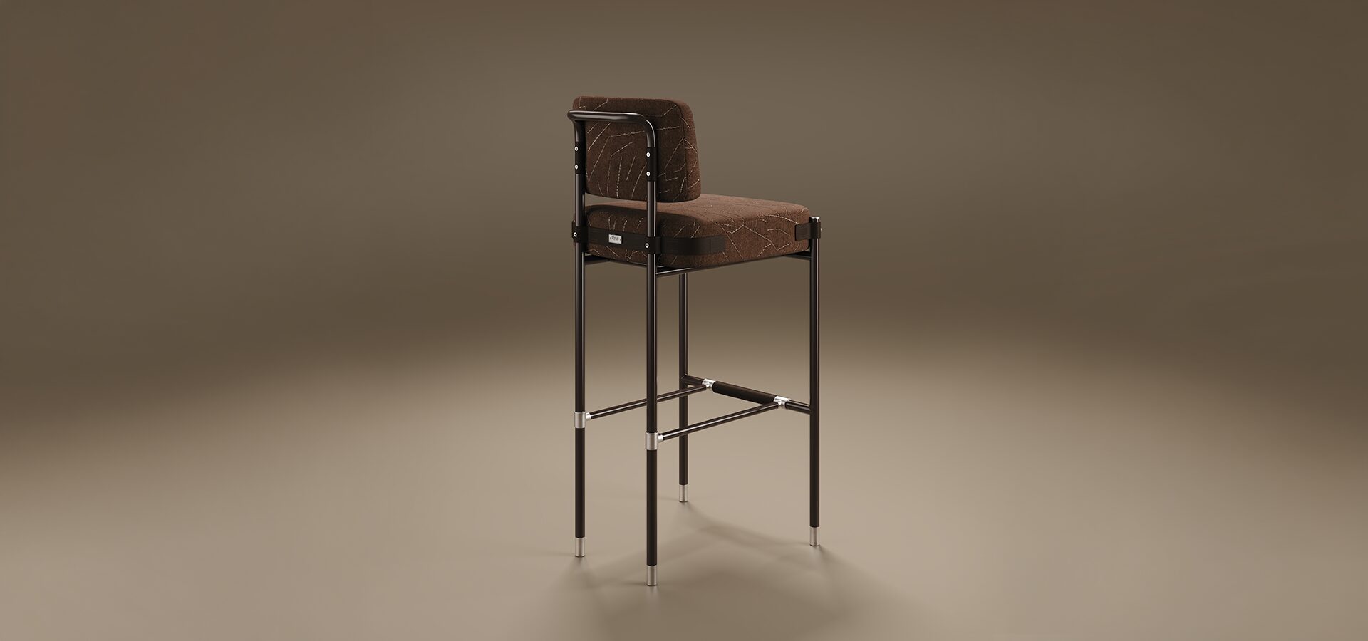 Modern industrial Fulton Bar Chair, featuring Stainless Steel legs. The seat and rectangular backrest are upholstered in a rich brown textured fabric with an intricate abstract pattern of thin white geometric lines. Small rivet details secure the frame to the upholstery. Set against a smooth taupe background.