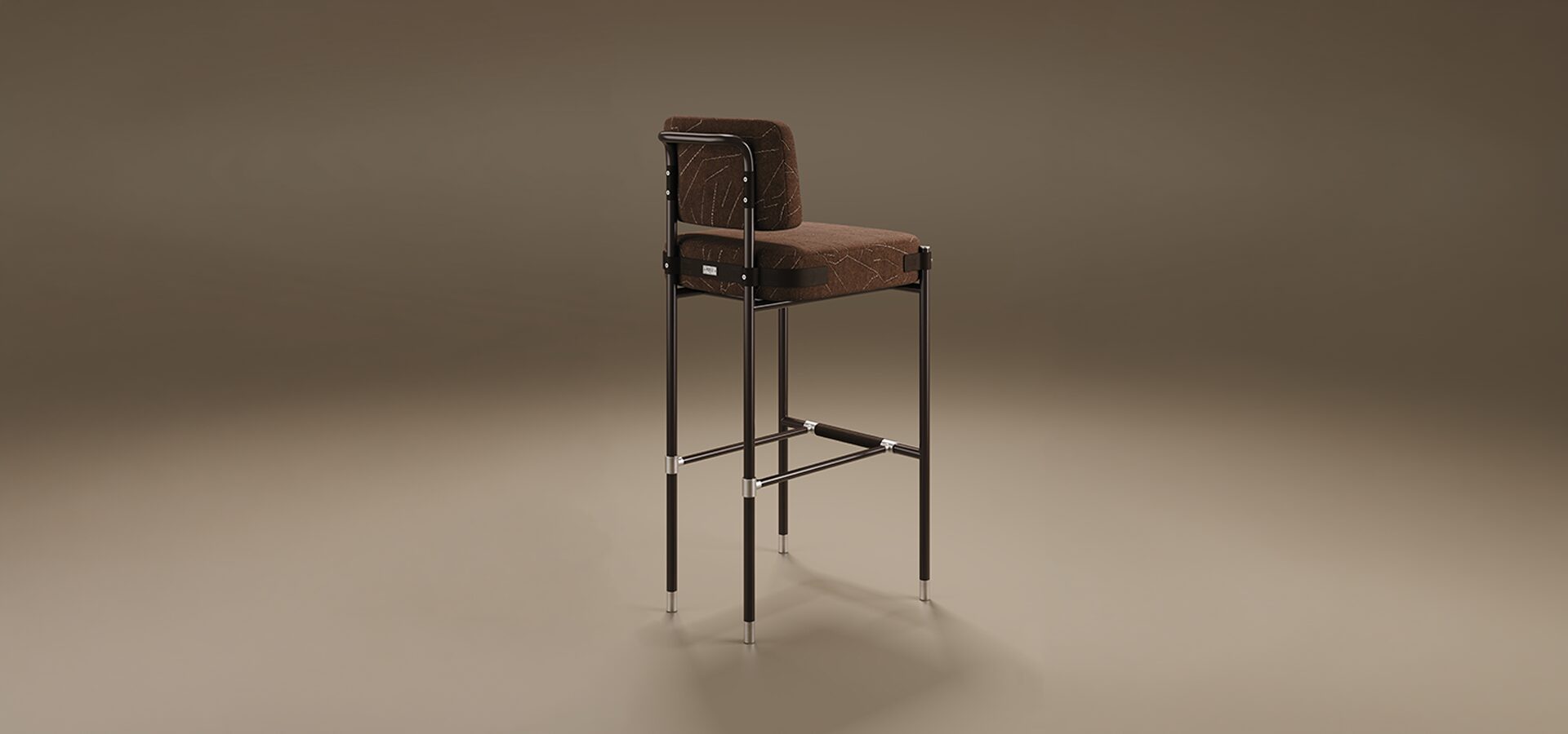 Modern industrial Fulton Bar Chair, featuring Stainless Steel legs. The seat and rectangular backrest are upholstered in a rich brown textured fabric with an intricate abstract pattern of thin white geometric lines. Small rivet details secure the frame to the upholstery. Set against a smooth taupe background.