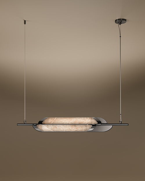 A horizontal Glacier II pendant lamp by Porus Studio, featuring a sleek, minimalist design. A luminous, capsule-shaped center made of textured alabaster is cradled by dark, curved metallic plates. The fixture is suspended from the ceiling by two thin vertical cables against a warm, neutral gradient background.
