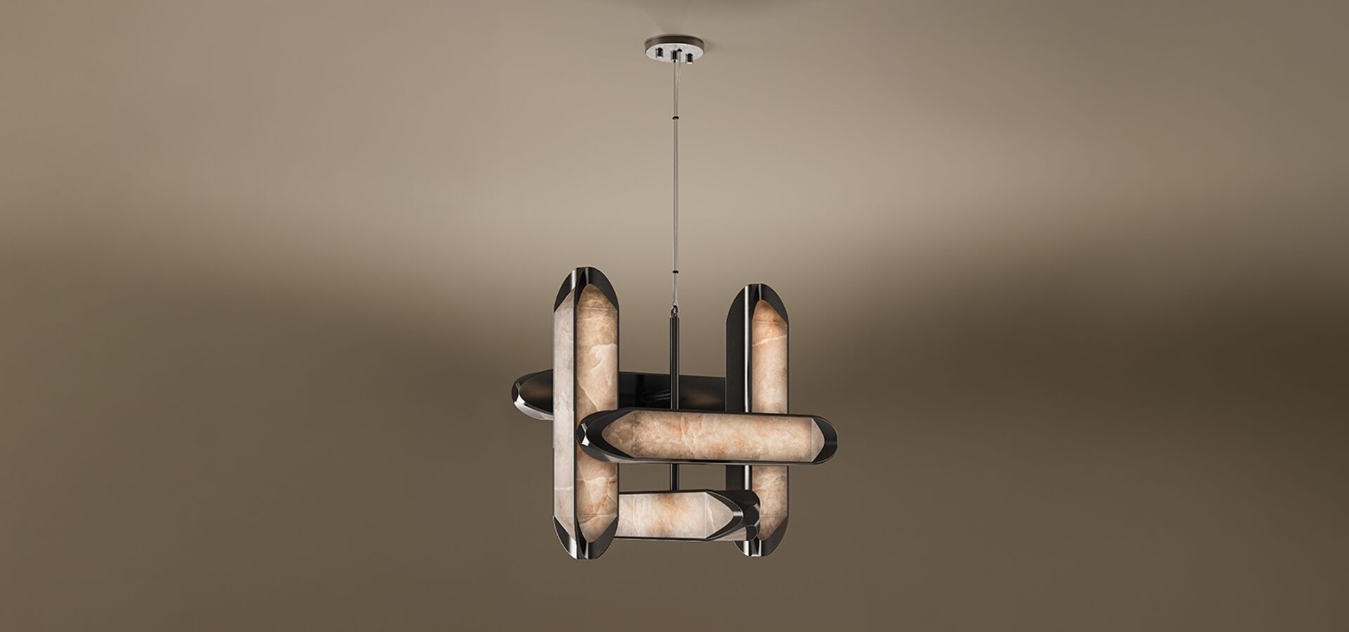 O Gemini disse A Glacier Suspension Lamp by Porus Studio, featuring an intersecting cluster of four geometric, faceted columns suspended from a central chrome rod. The lamp columns, resembling ice blocks, are crafted from backlit polished alabaster stone, emitting a warm glow from within. Each column is framed by sleek, highly polished metallic accents, creating a modern, luxurious chandelier against a dark, warm gradient background.