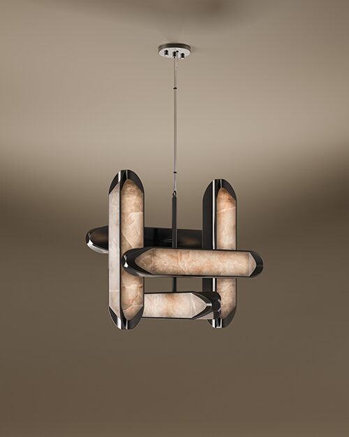 Glacier Suspension Lamp by Porus Studio, featuring an intersecting cluster of four geometric, faceted columns suspended from a central chrome rod. The lamp columns, resembling ice blocks, are crafted from backlit polished alabaster stone, emitting a warm glow from within. Each column is framed by sleek, highly polished metallic accents, creating a modern, luxurious chandelier against a dark, warm gradient background.