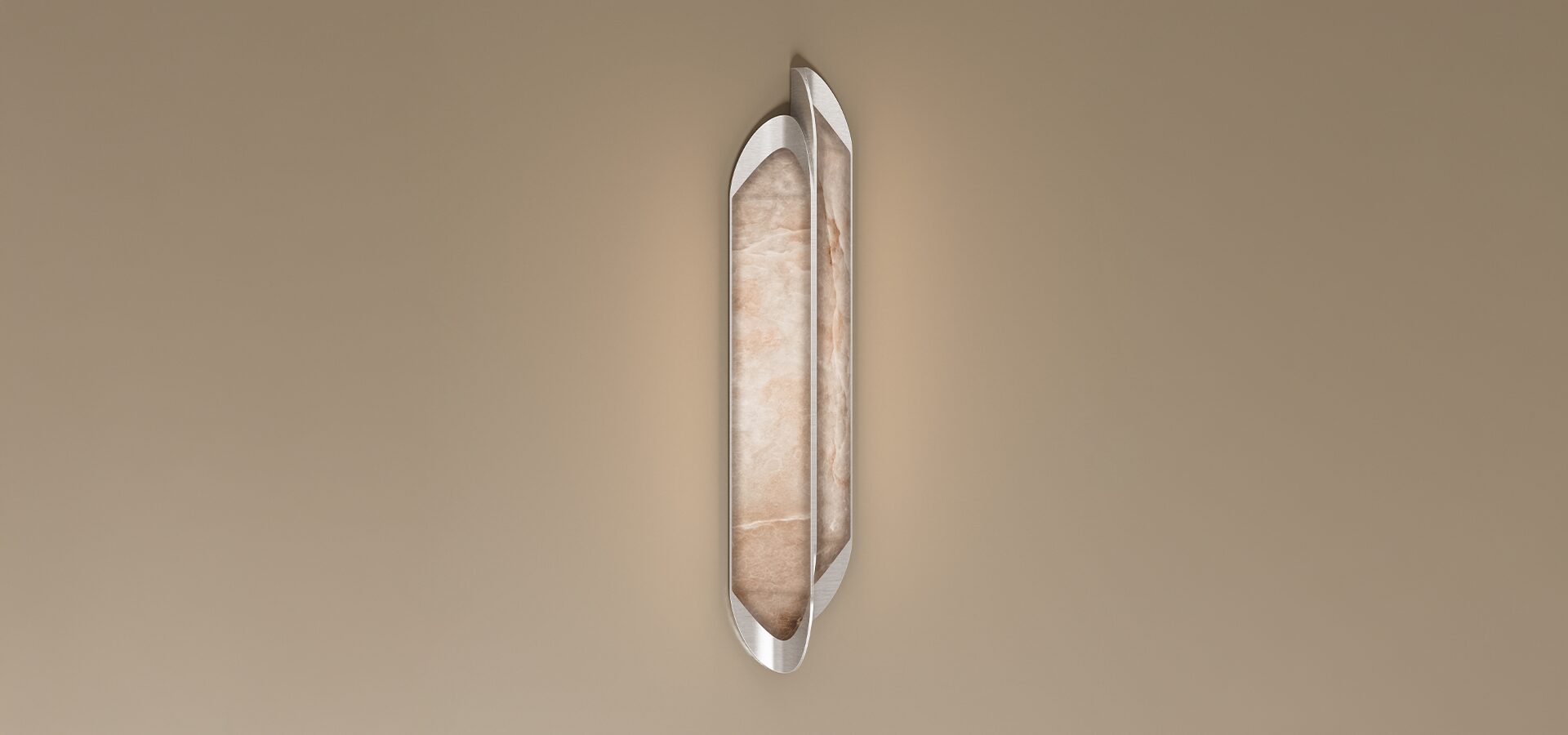 Glacier Wall Lamp by Porus Studio. Luxury interior lighting fixture crafted from stainless steel and alabaster, inspired by the natural textures of Glacier National Park.
