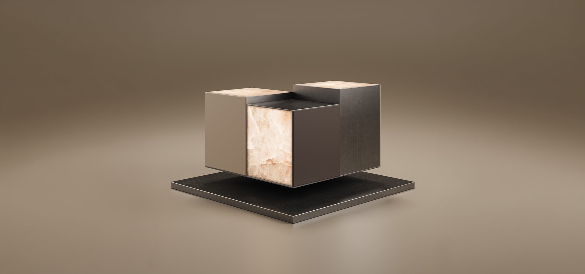 A luxury Hudson Side Table by Porus Studio, featuring an architectural design of three staggered, "floating" cubes. One cube is made of translucent white alabaster, while the others are finished in dark matte lacquer and metal. The piece is set against a neutral, warm-toned studio background.