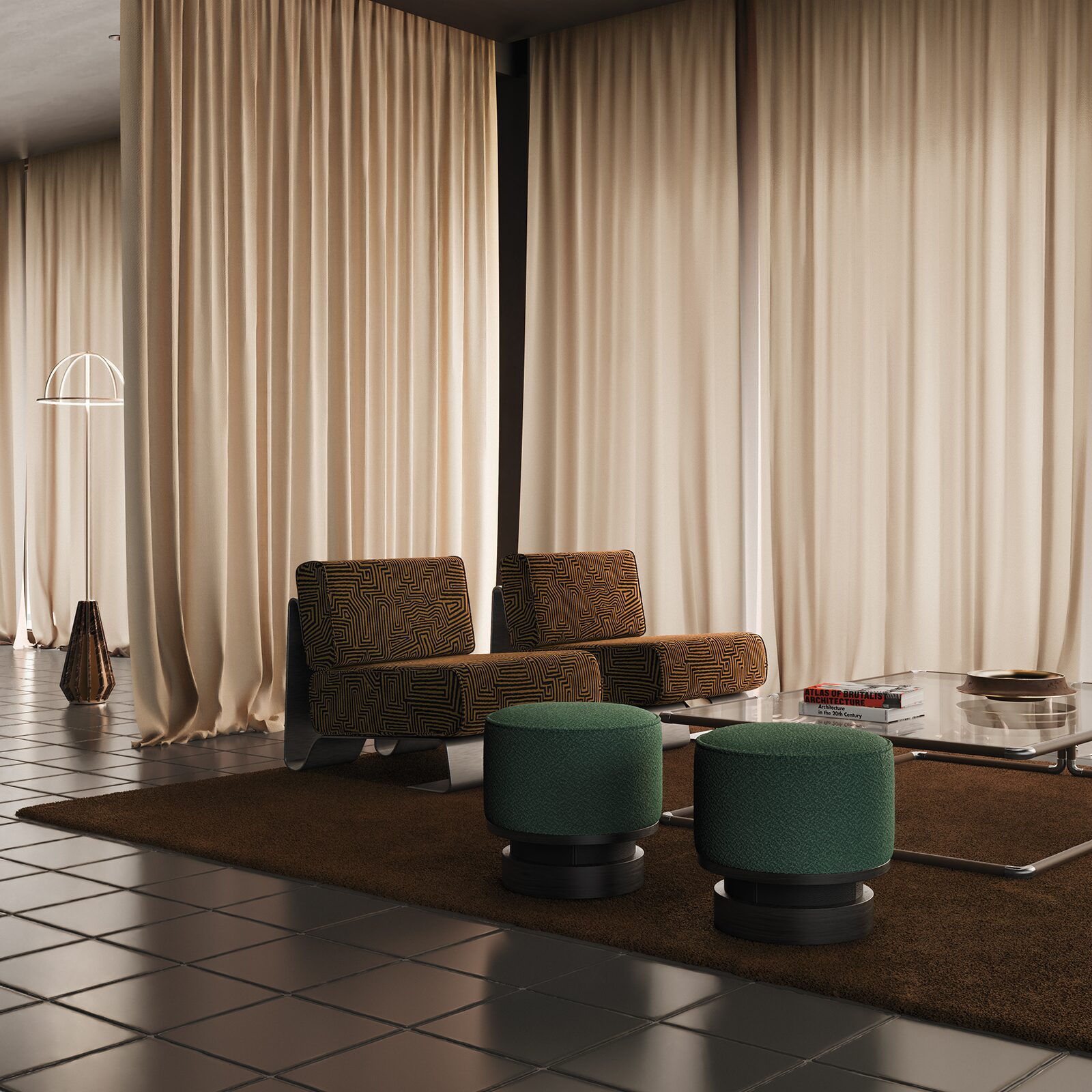 Wyo Stool, RUshmoore Armchairs, Dickson Center Table and Nevada Flor Lamp Wyo Stool, Rushmoore Armchairs, Dickson Center Table and Nevada Flor Lamp