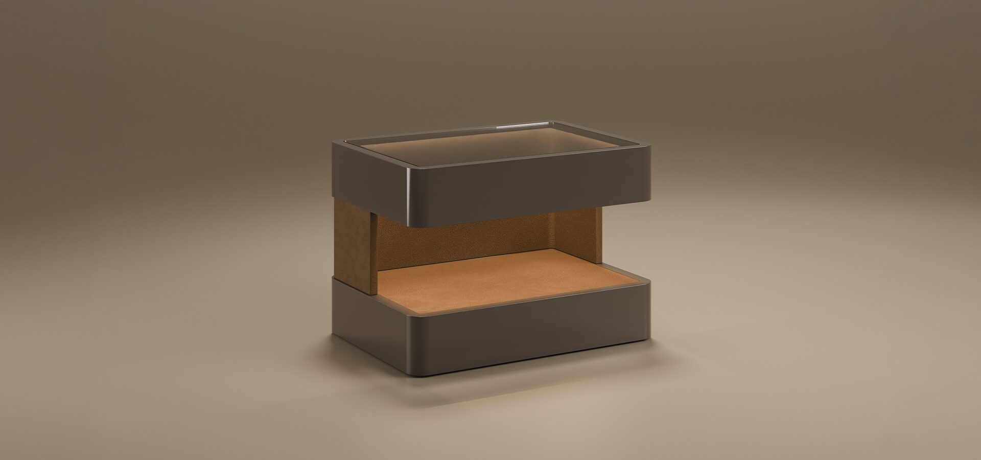 A luxury Creek I Side Table by Porus Studio, featuring a rectangular design with rounded edges and a large horizontal opening. The outer structure is finished in a dark grey high-gloss lacquer, while the interior display nook is lined with warm tan leather. The top surface includes a smoke glass inlay. The piece is shown in a studio setting against a neutral, warm-toned background.