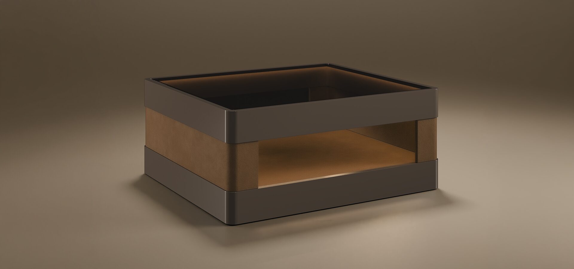 A luxury Creek II Side Table by Porus Studio, featuring a wide, low-profile rectangular form. The outer bands are finished in a dark grey high-gloss lacquer with rounded edges, while the large central open compartment is fully upholstered in tan genuine leather. The top surface is finished with a smoke glass inlay. The piece is presented in a studio setting against a soft, neutral taupe background.