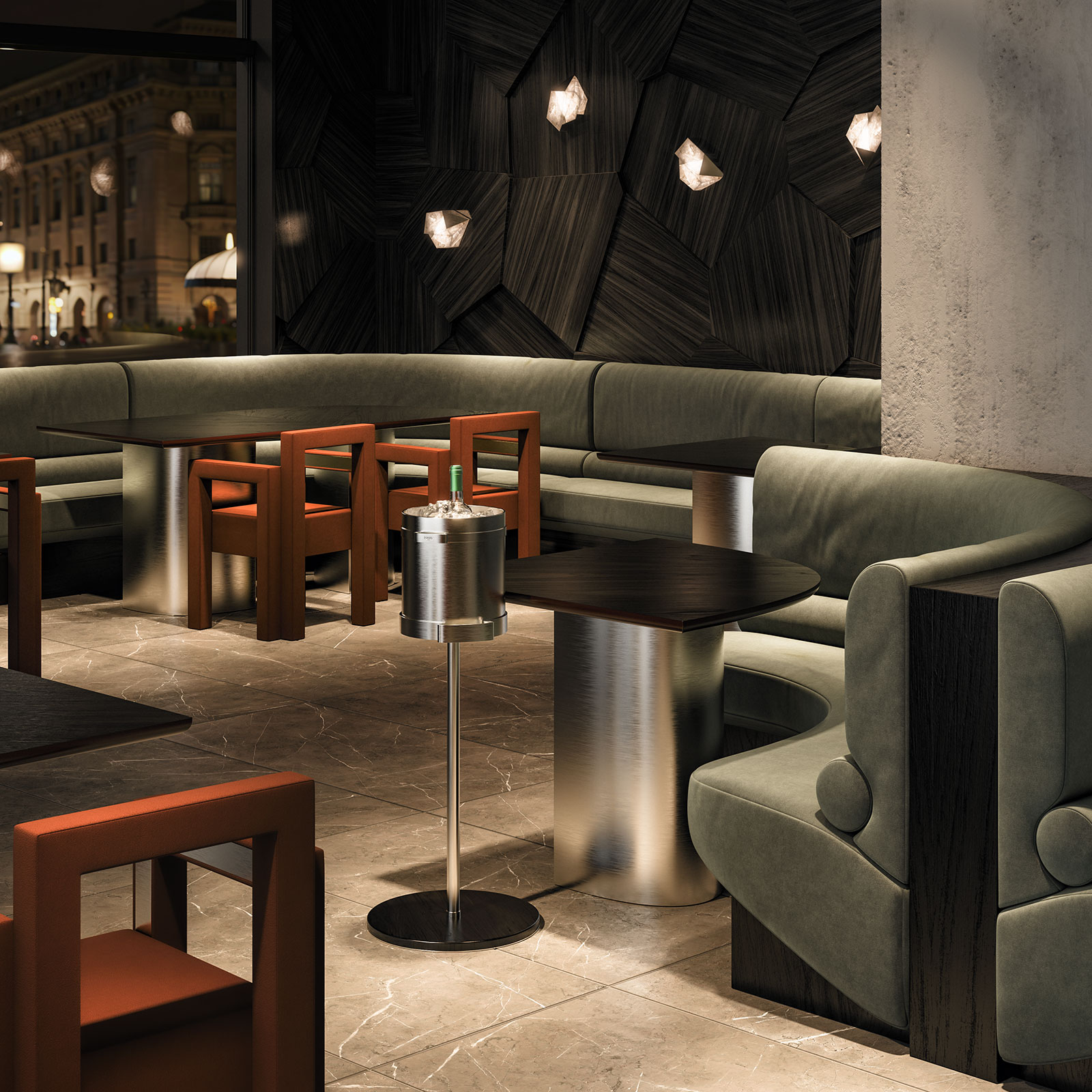 Mirage Dining Chair, Denali Wall Lamp, Vermont Curved Dining Table with Everest Ice Bucket Holder in restaurant set Mirage Dining Chair, Denali Wall Lamp, Vermont Curved Dining Table with Everest Ice Bucket Holder in restaurant set