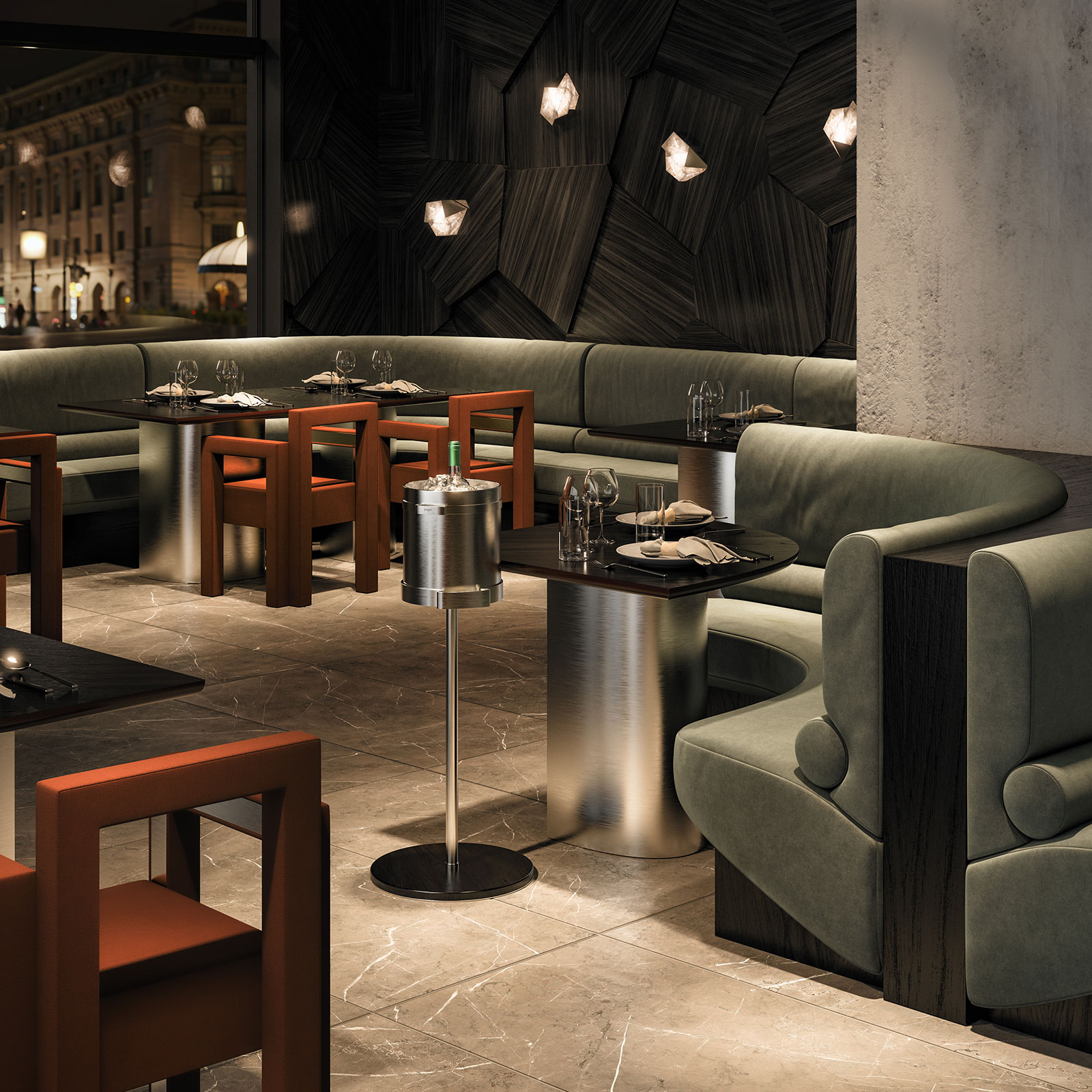 Mirage Dining Chair, Denali Wall Lamp, Vermont Curved Dining Table with Everest Ice Bucket Holder in restaurant set Mirage Dining Chair, Denali Wall Lamp, Vermont Curved Dining Table with Everest Ice Bucket Holder in restaurant set