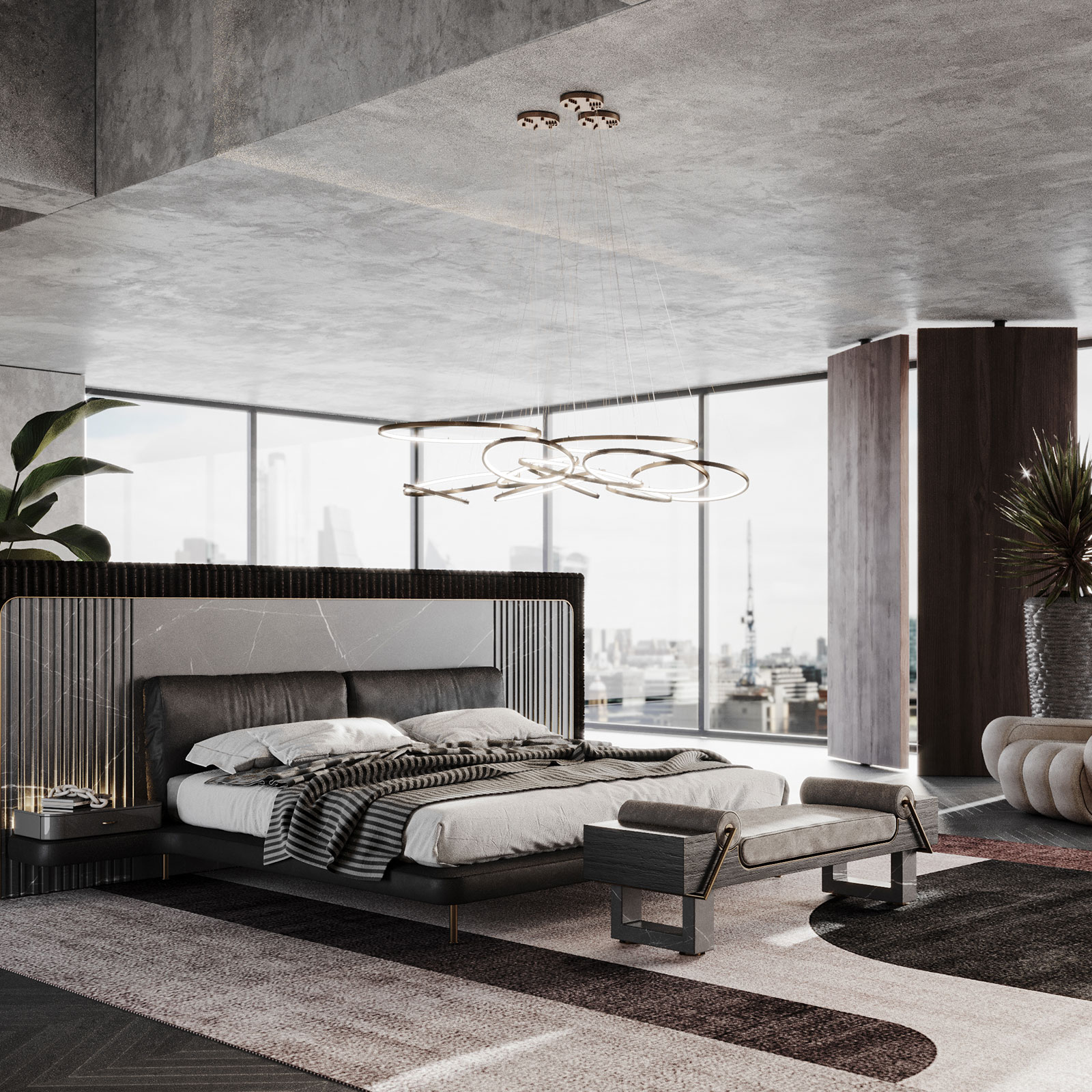 Colorado Bed. Kansas Bed, Dakota armchair and Gateway Suspension lamp on skycraper room Colorado Bed. Kansas Bed, Dakota armchair and Gateway Suspension lamp on skycraper room