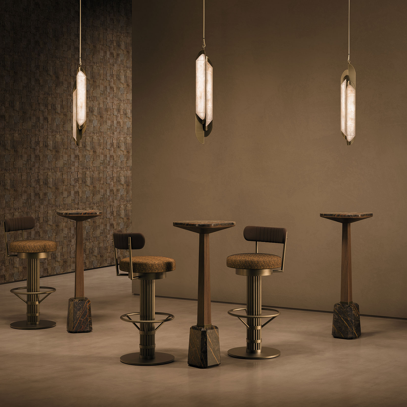 Willis Bar Chair, Glacier I Pendant Lamp and Oakland Bar Table in bar setting Willis Bar Chair, Glacier I Pendant Lamp and Oakland Bar Table in bar setting