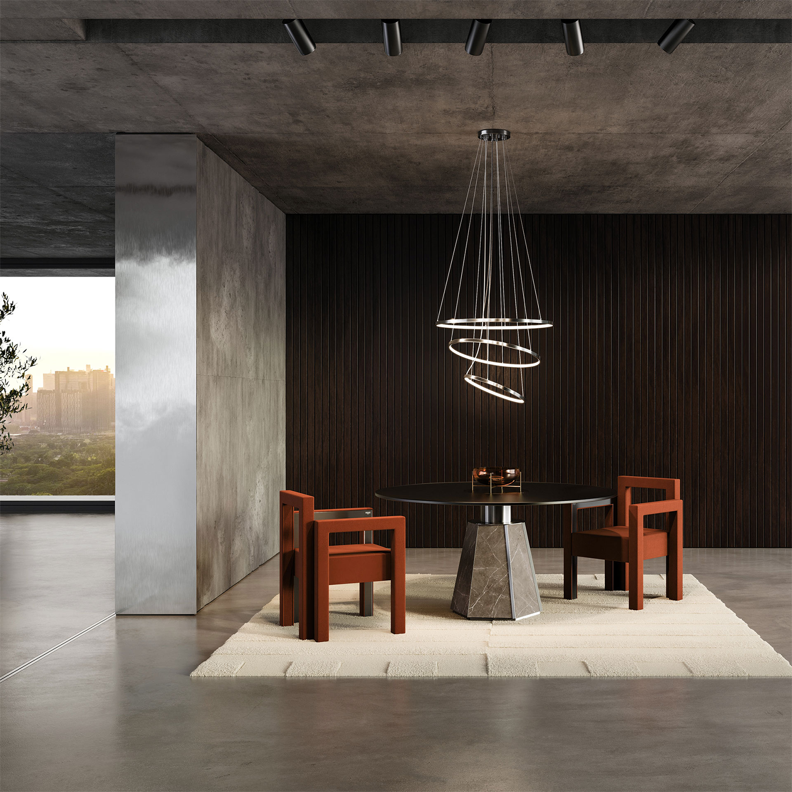 Texas Dining table, MIrage Dining Chair and Gateway Suspension Lamp in dining room setting Texas Dining table, MIrage Dining Chair and Gateway Suspension Lamp in dining room setting