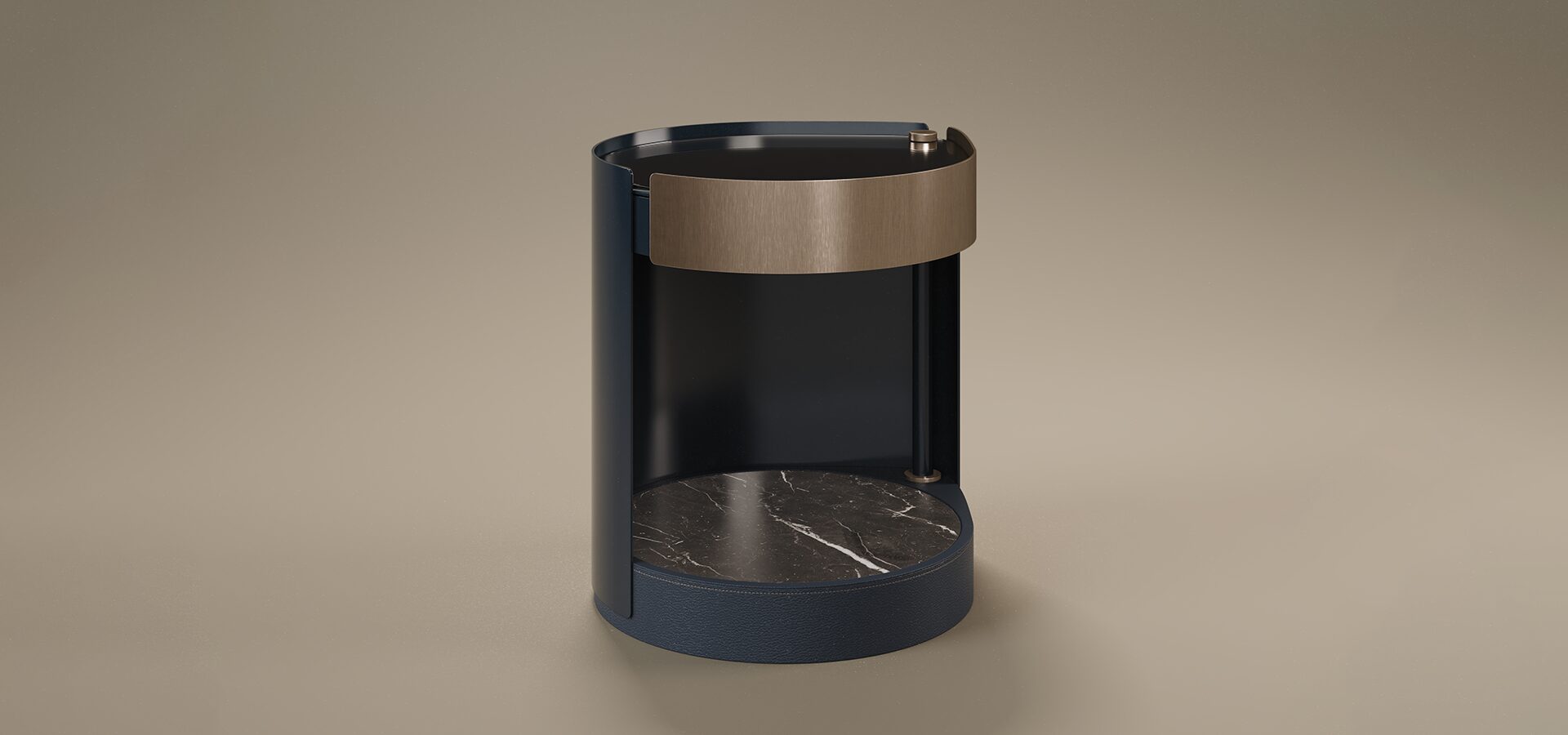 A luxury Rockefeller Bedside Table by Porus Studio featuring a cylindrical, open-front design. The outer frame is finished in dark blue matte lacquer, while the upper drawer section is highlighted by a wide band of aged brushed brass. The interior features a lower shelf made of marble with prominent white and gold veins, and the top is finished with black glass. The base is subtly wrapped in dark leather, all set against a neutral taupe studio background.