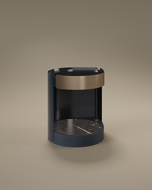 A luxury Rockefeller Bedside Table by Porus Studio featuring a cylindrical, open-front design. The outer frame is finished in dark blue matte lacquer, while the upper drawer section is highlighted by a wide band of aged brushed brass. The interior features a lower shelf made of marble with prominent white and gold veins, and the top is finished with black glass. The base is subtly wrapped in dark leather, all set against a neutral taupe studio background.