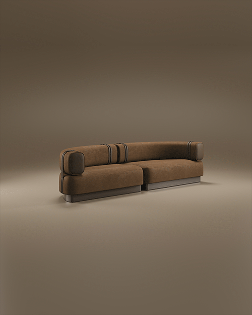 A luxury Sedonna Sofa featuring a curved, modular silhouette upholstered in an earthy terracotta-toned suede. The design is characterized by rounded cushions and a low-profile backrest, accented with vertical dark metal bands that wrap around the frame. The sofa sits on a recessed, dark metallic plinth base, creating a subtle floating effect. Set against a warm, monochromatic taupe studio background.